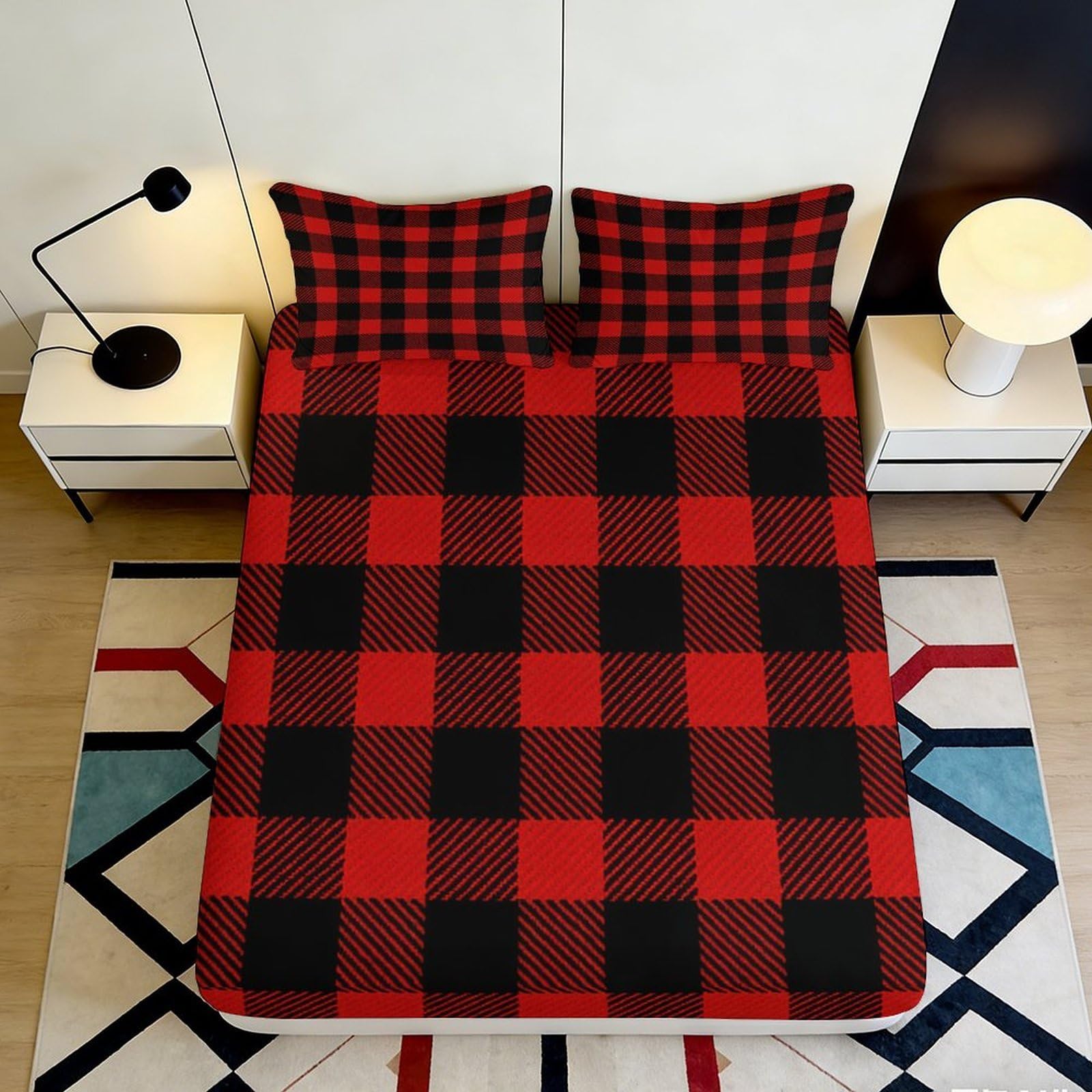 Pnayamiorkfel Style-8 3D Printed Red Black Plaid Fitted Sheet Microfiber Soft Breathable Checkered Bed Cover For Bedroom Dorm Decor 90X200x25cm
