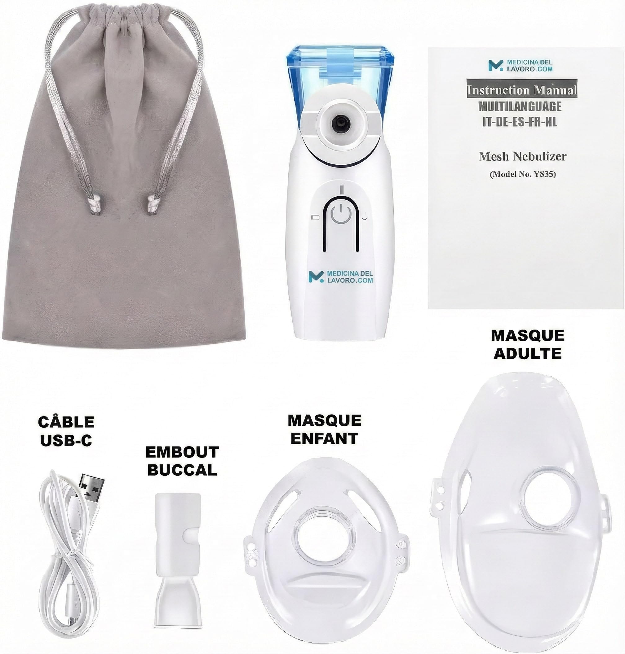 Medicinadellavoro.com - Nebulisateur Portable Silencieux Bebe et Adulte, Inhalateur Rhume Vapeur avec USB-C, Batterie Rechargeable et 2 Masques, Aerosol Medical Adultes Enfants Asthme et Bronchite