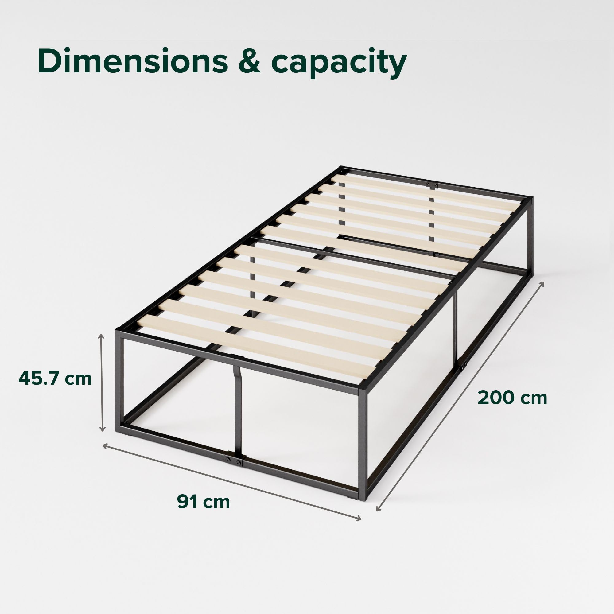 Zinus Korey Plattformbett 90x200 Cm Mit Stauraum – Metallgestell, Gepolstertes Kopfteil, Grau/Schwarz