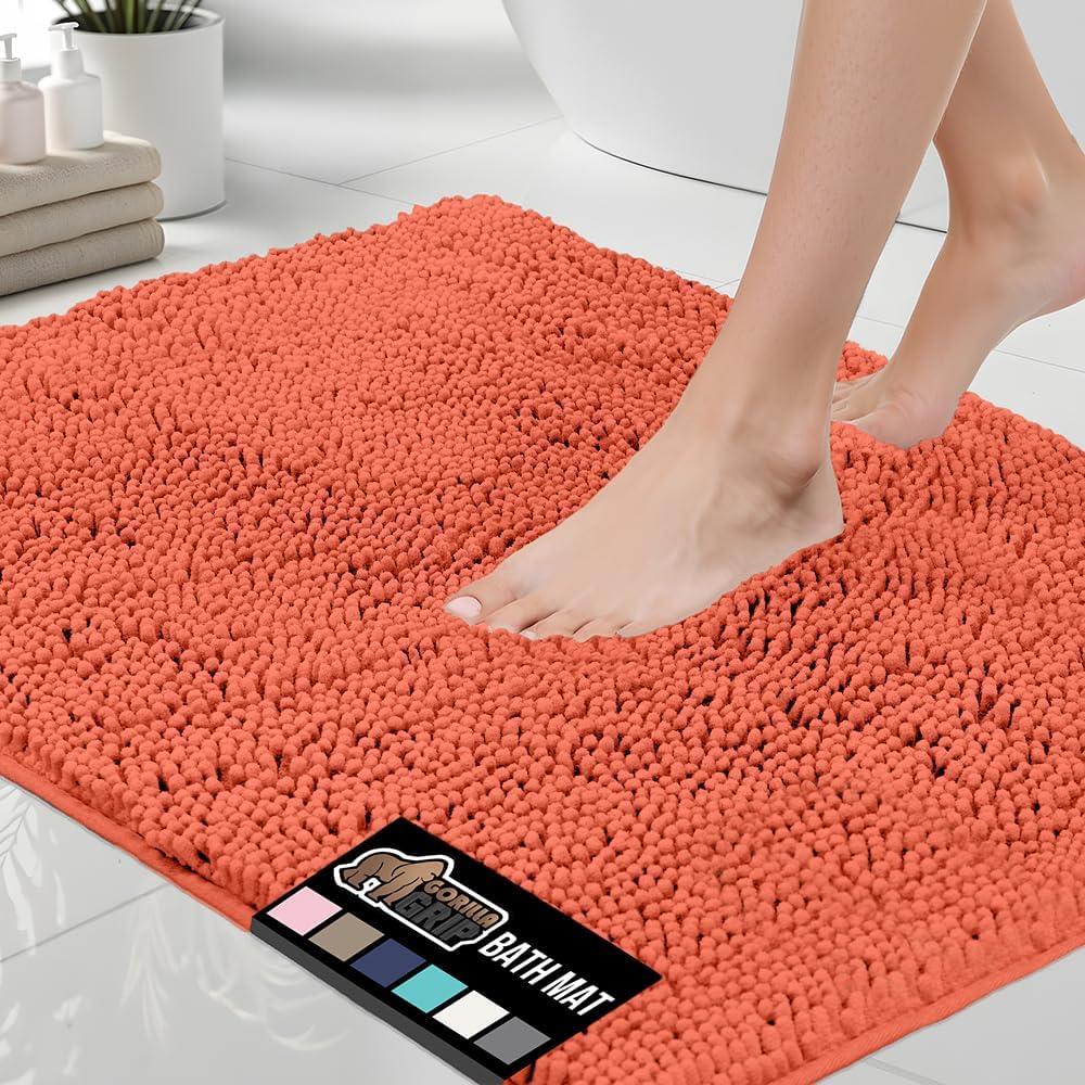 GORILLA GRIP Bath Rug Mat, Thick Soft Absorbent Chenille, Quick Dry Microfiber Mats, Rubber Backing Washable Shower Floor Rugs, US Designed Bathroom Bathmat Home Decor Accessories, 24x17, Coral