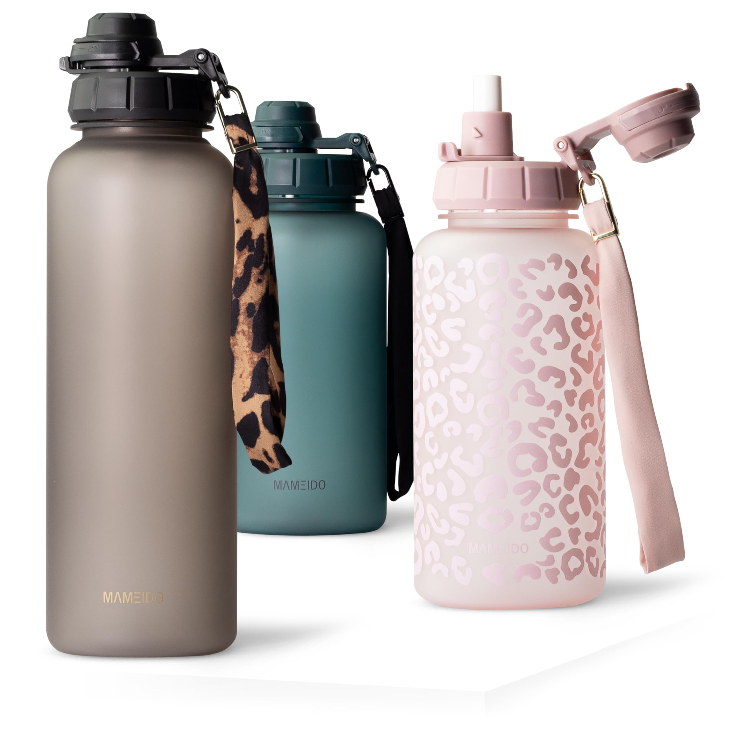 MAMEIDO Trinkflasche mit Strohhalm & Zeitmarkierung als Trinkerinnerung 2 l, Wasserflasche auslaufsicher, Sportflasche BPA-frei, Gym Water Bottle, Flasche aus Tritan (Urban Taupe)
