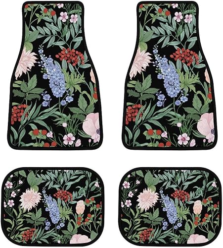 Wildflowers-Black Print - Juego completo de 4 alfombrillas para piso delanterotrasero para automóvil con parte trasera de goma antideslizante y