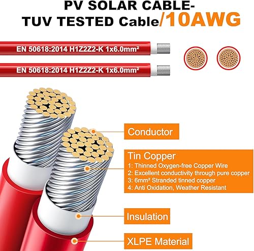 Miniatura 2 de Oududianzi Cable de panel solar de 30 pies, cable solar de 10 AWG H1Z2Z2-K de cobre estañado, cable de extensión solar para exteriores para sistema