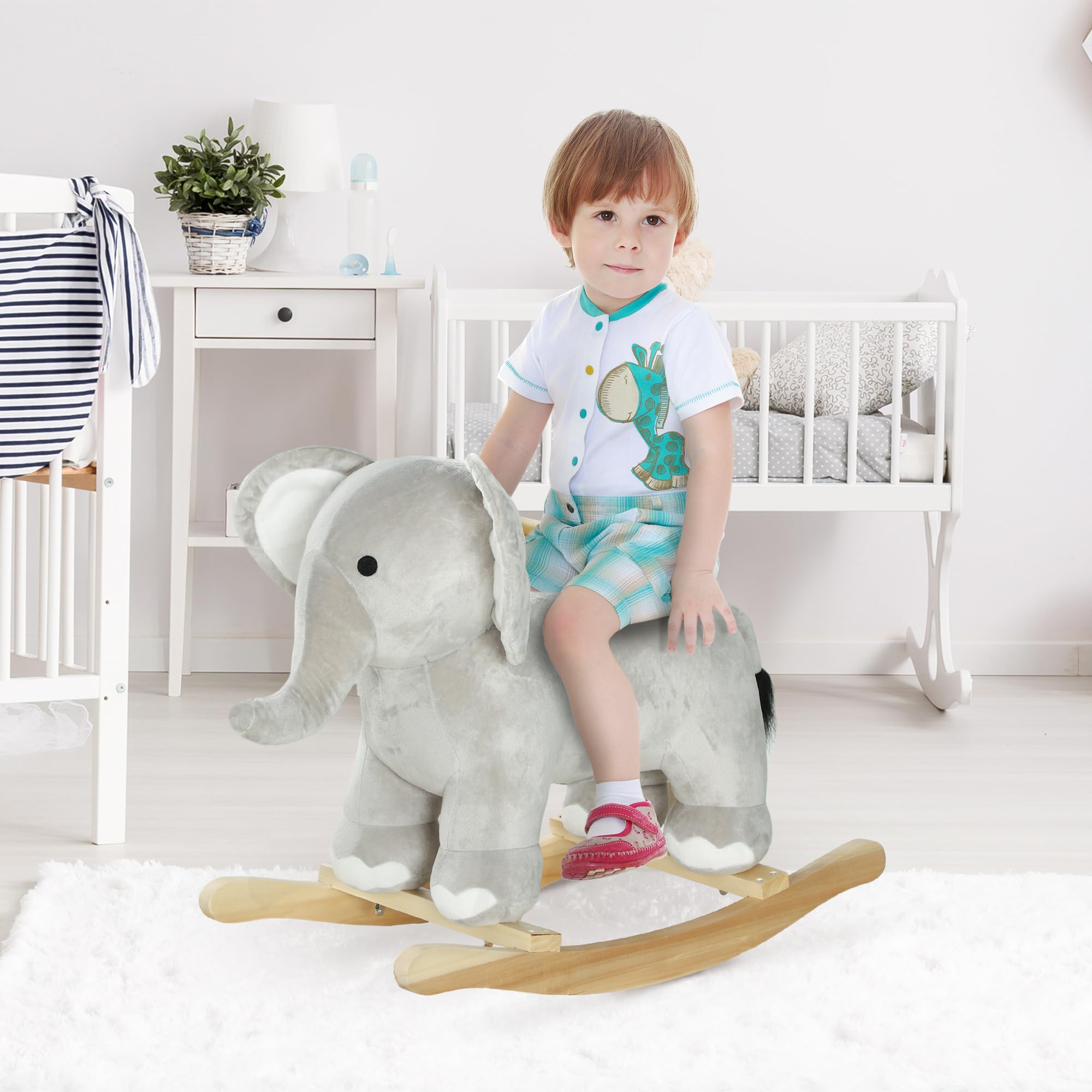 AIYAPLAY Cavallo a Dondolo per Bambini a Forma di Elefante, Cavalluccio a Dondolo Cavalcabile in Legno e Peluche con Base e Suoni Realistici, 2-4 Anni, 64.5x31x52 cm, Grigio
