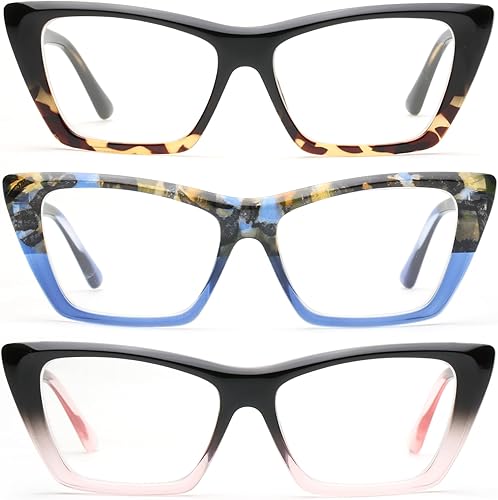 JOO'RTI Paquete de 3 lentes de lectura con bloqueo de luz azul de ojo de gato para mujer, diseño elegante, moderno y lindo