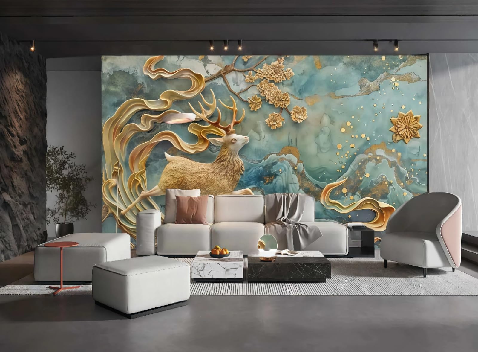 Papier peint nuages pour agrandir un salon avec mur de fond TV