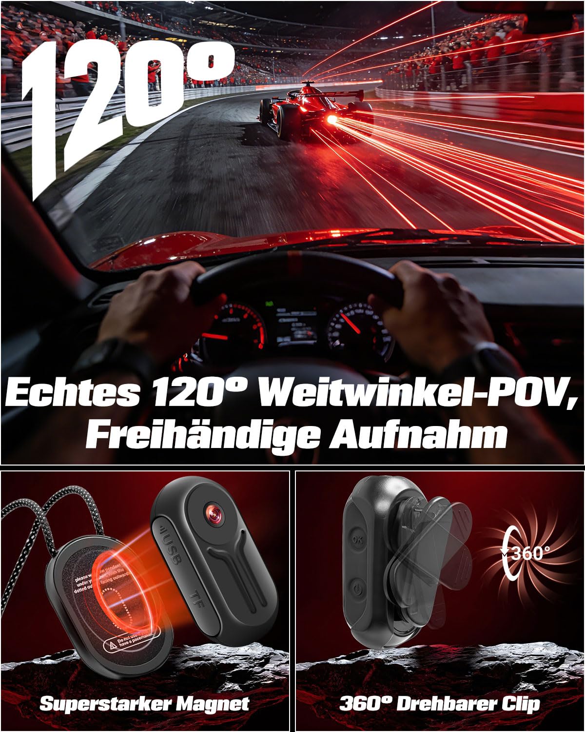 1080P Action Cam mit 0,85-Zoll-Display, BodyCam Körperkamera Mini Magnetisch mit 120° Weitwinkel, 360° Rückenclip, 120-Minuten-Batterie, Ski Kamera, Motorrad Kamera, Helmkamera