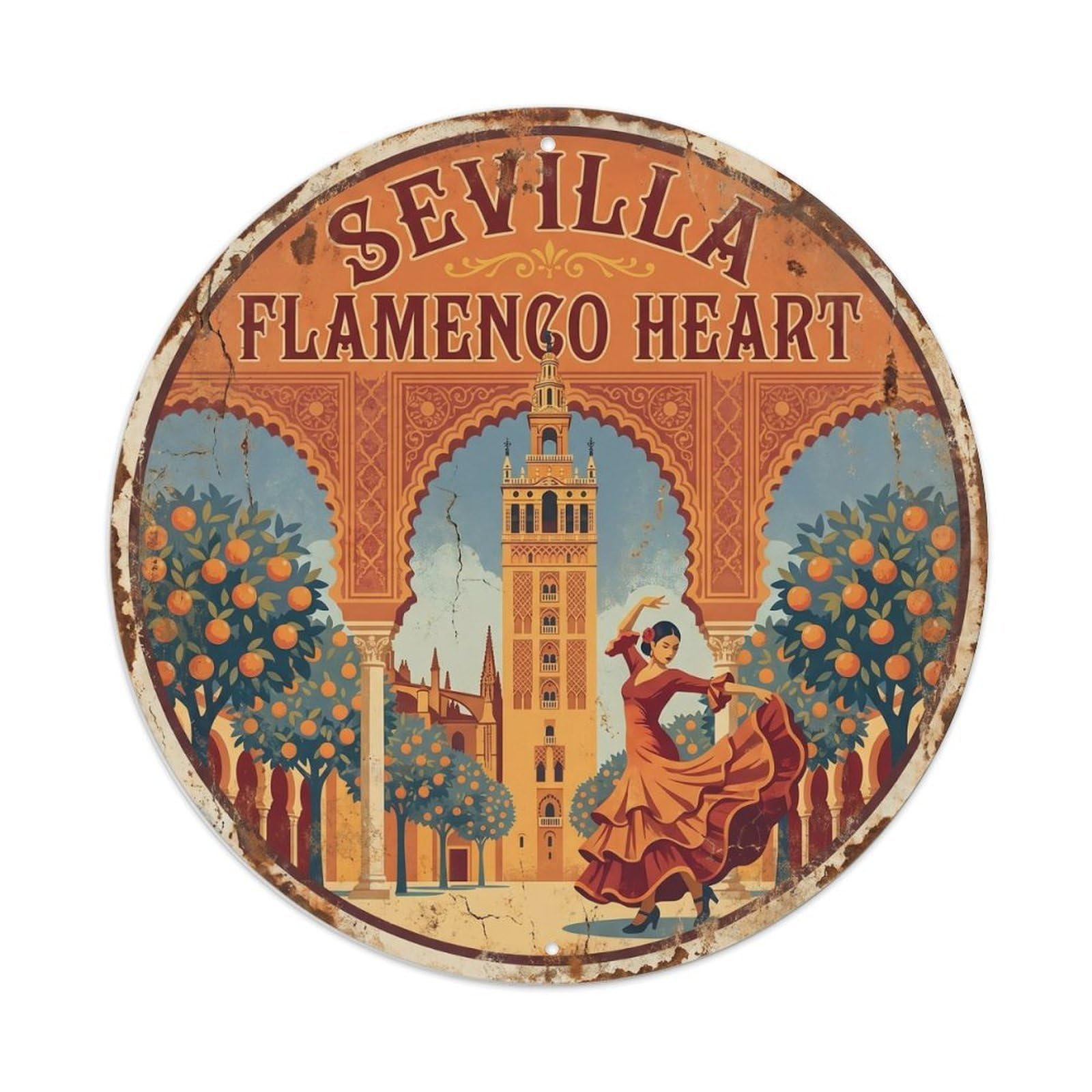 Vintage Travel Seville Cathedral Tower Metal Tin Sign Plaque Wall Decor for Cafe, Club Bar, Office, Home Garden Round Metal Poster 8x8Inch
