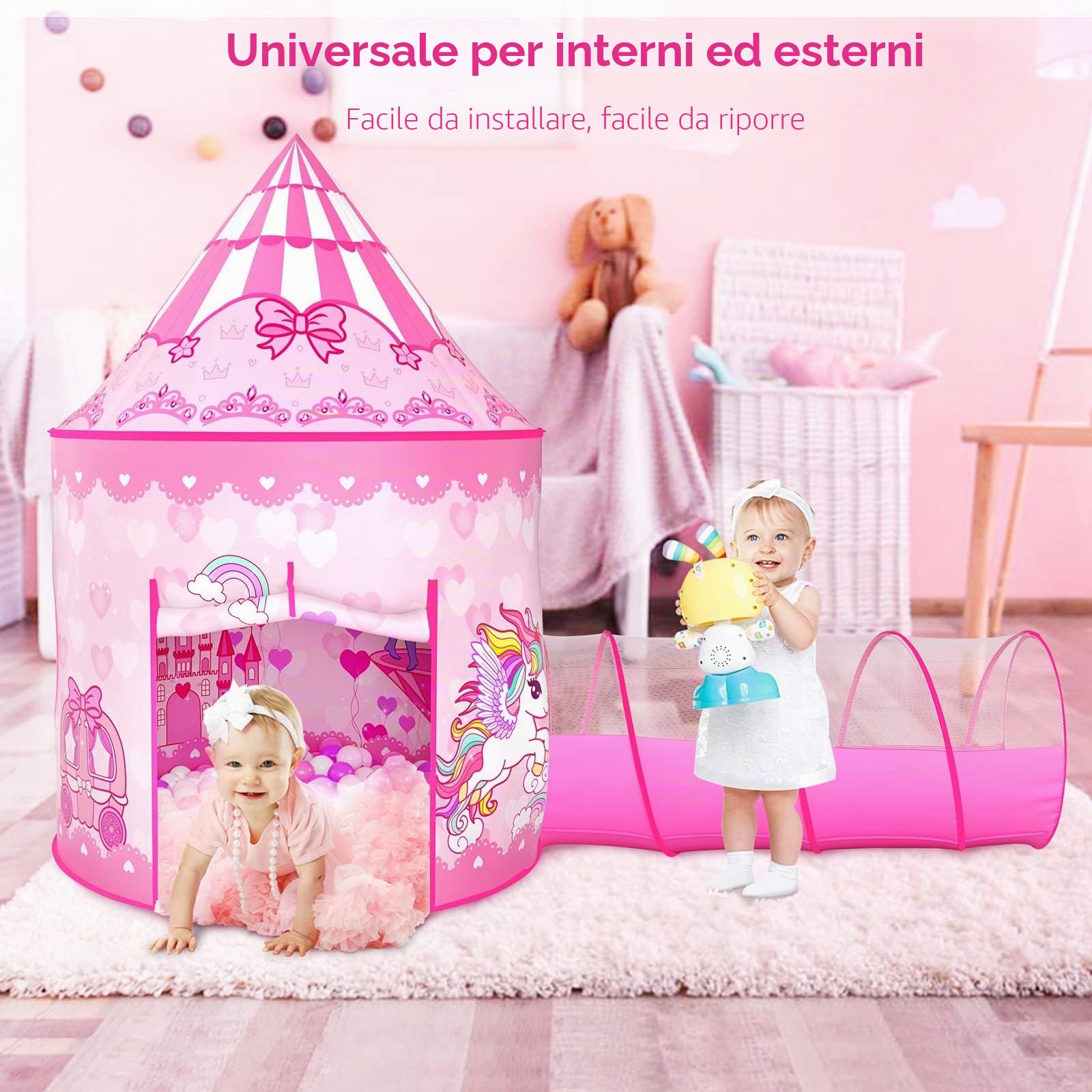 Wilwolfer Tenda Gioco Pop-up + Tunnel Gioco + Piscina di Palline per Bambini - 3-in-1 Casetta per Neonati Bambine Bambini - Grande Casetta Giardino Interni ed Esterni (Tenda Principessa)