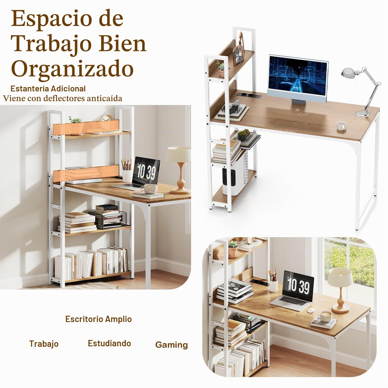 LIFEZEAL Escritorio de Oficina con Estación de Carga USB Tipo-C y 2 Enchufes - Mesa de Trabajo de Madera con 3 Estantes y Estructura Metálica - 120x65x130 cm (Marrón)