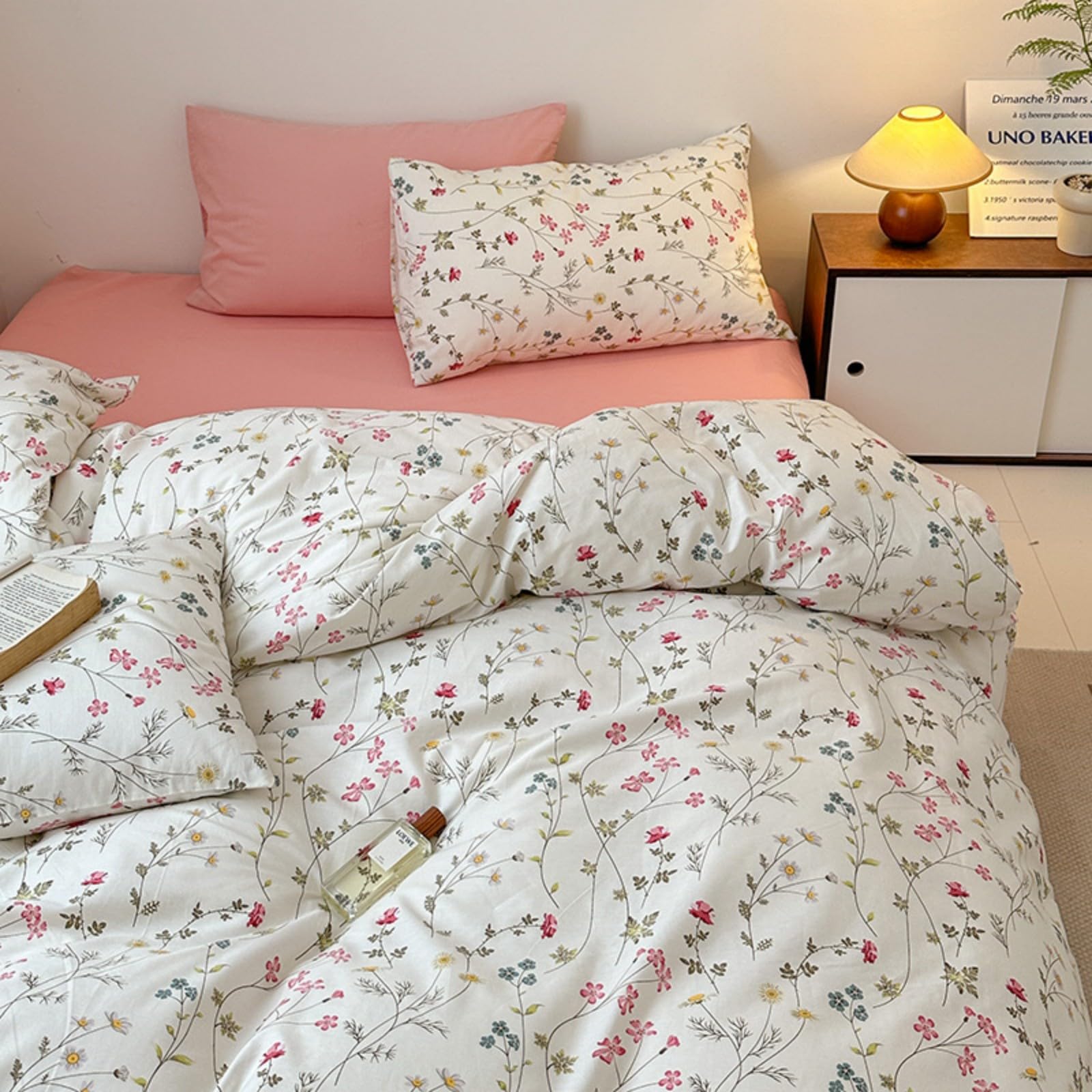 Freyamy Blumen Bettwäsche 135x200 Baumwolle Beige Rosa Bunt Floral Bettwäsche-Sets Mädchen Blumenmuster ÖKO-TEX Bettbezug 1 Deckenbezug mit Reißverschluss und Kissenbezug 80x80cm
