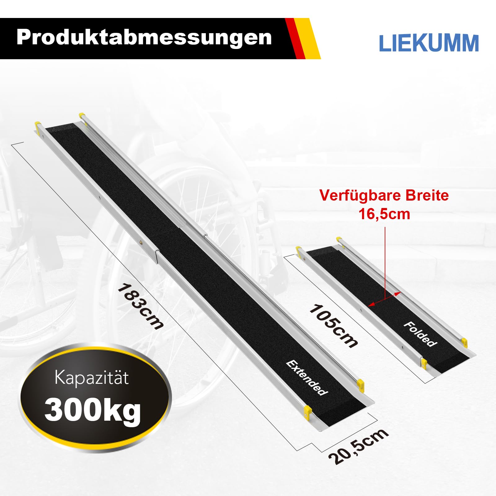 LIEKUMM 2X Teleskop Rollstuhlrampe 105–183 cm, 300 kg Tragkraft | Teleskoprampe für Rollstühle, Scooter, Elektrorollstühle, Türschwellen und Fahrräder, 3-fach verstellbar, mit Tragetasche