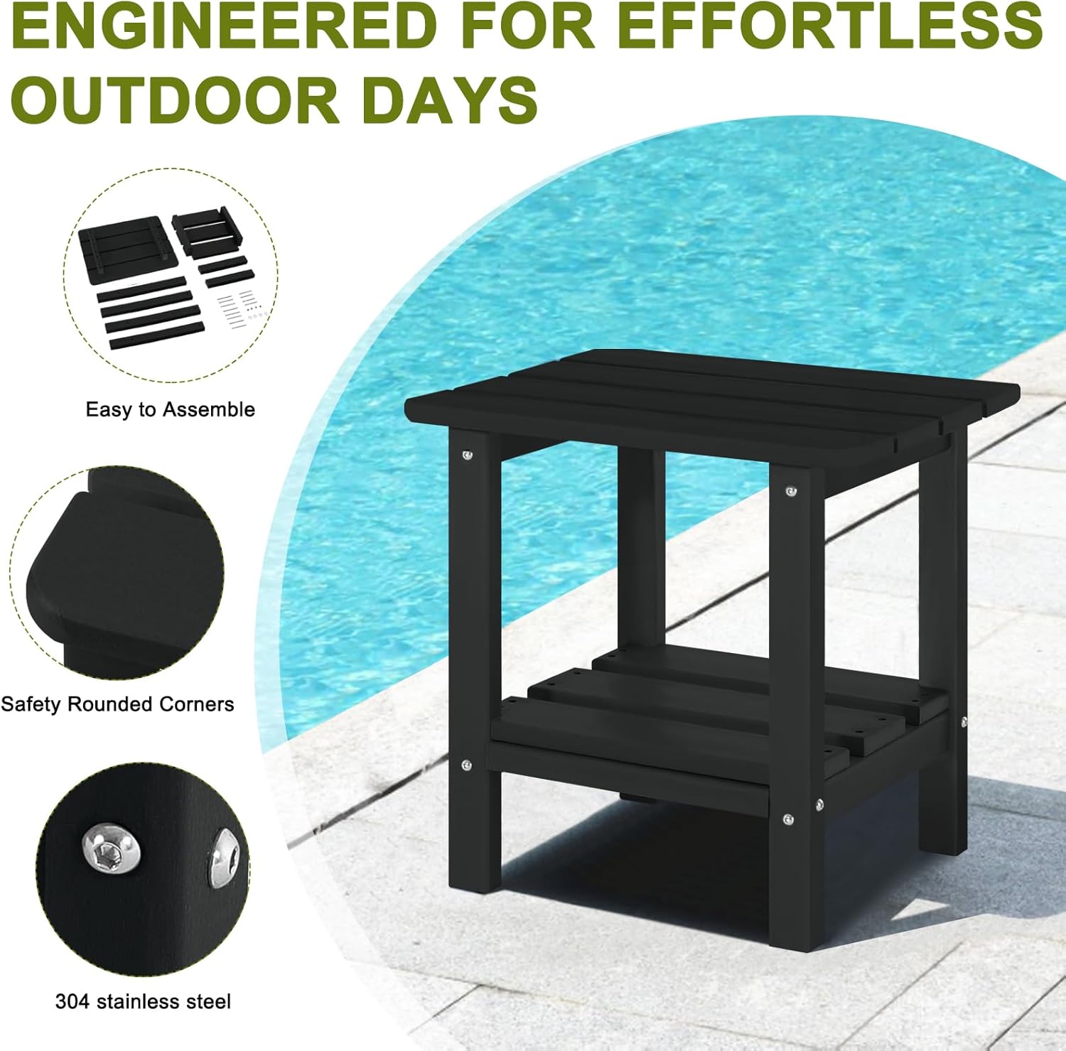 Adirondack Outdoor Side Table, 2-Tier Small Patio End Table, Weather Resistant HDPE Outdoor End Tables for Garden, Lawn, Pool, Beach, Porch, Deck, Backyard - Square, Black