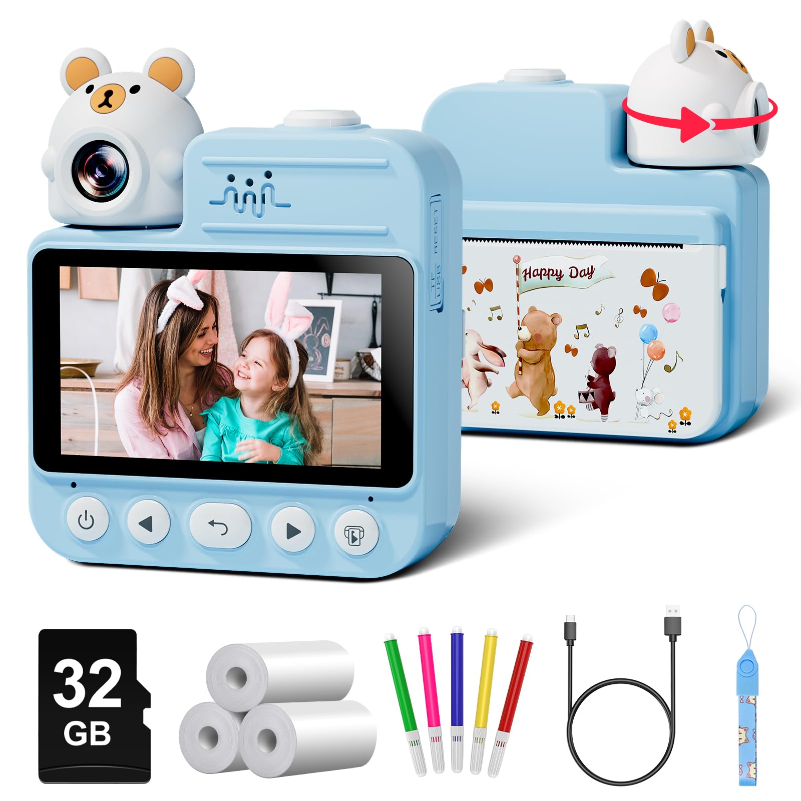 Gofunly Macchina Fotografica Bambini Istantanea, 3,0 Pollici Fotocamera Istantanea Bambini con 32GB Scheda & 3 Carta Stampa, 14MP/1080P HD Videocamera Fotocamera Digitali per Bambino da 3-12 Anni