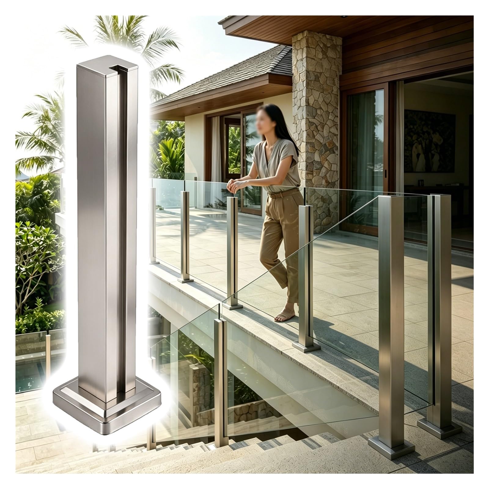 ZJKXJH Glass Fixing Railing Post, Glass Floor Fixed Column with Fittings, Frameless Panel Slot Post for Deck/Porch/Courtyard, Easy to Install(End Post-Silver,H-38in/96.5cm)