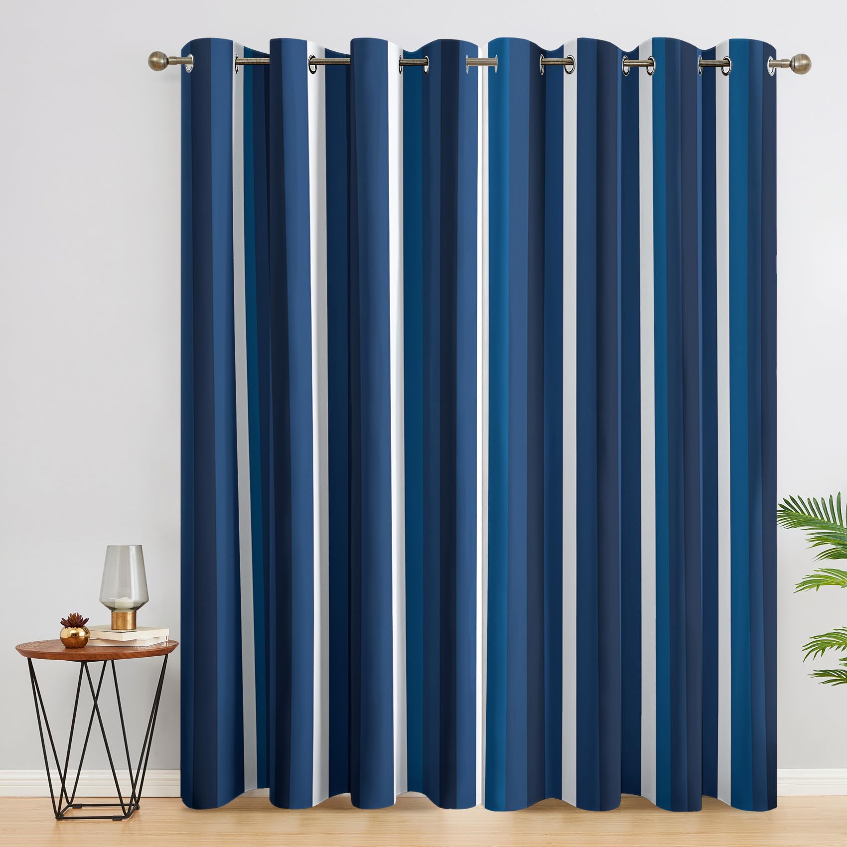 Striped Blackout Curtains, Blue and White Curtains for Bedroom Living Room, 54 Inch Drop Drapes, Eyelet Thermal Curtains, Window Treatments, 2 Panels