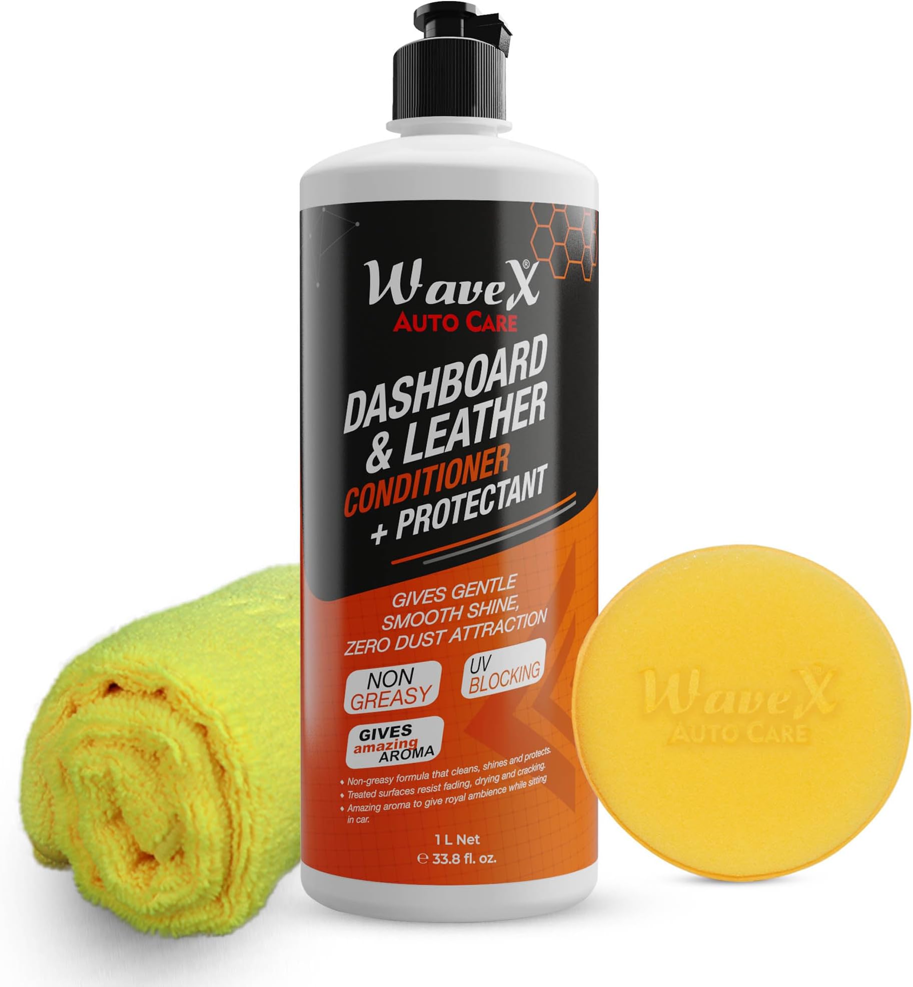 Wavex Dashboard Polish And Leather Conditioner+Protectant (1 Ltr) with Microfiber Towel and Foam Applicator