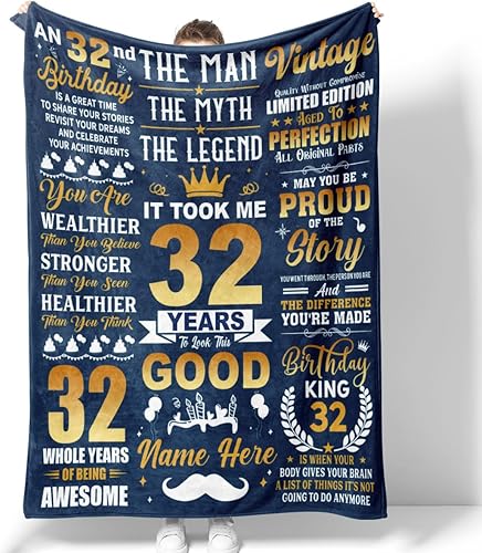 KOBALO Manta de cumpleaños inspiradora personalizada, vintage, regalos para 32 años, para hijo, hermano, tío papá, papi, hombres, familiares y
