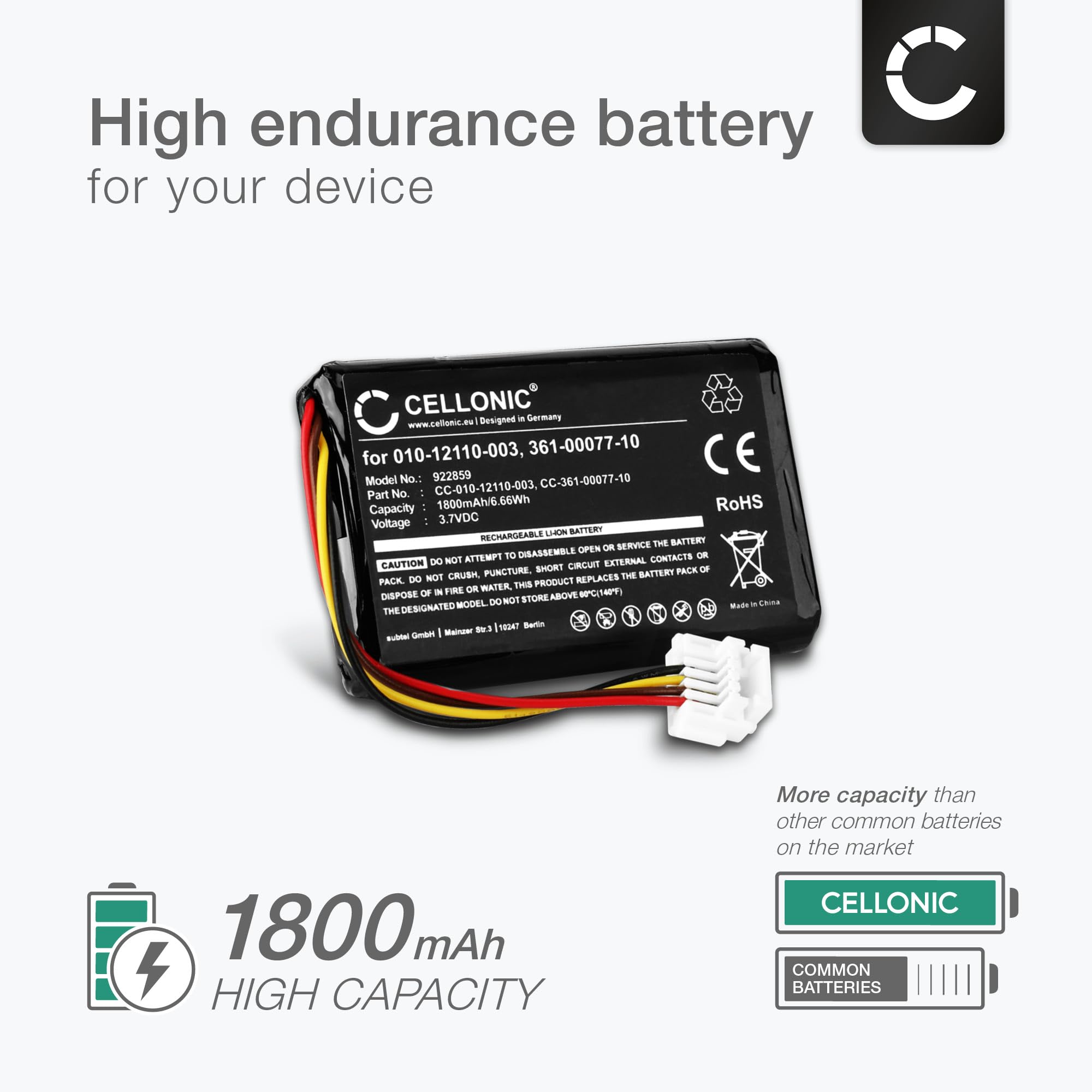 CELLONIC 1x Akku für Navigation Kompatibel mit Garmin Zumo 590LM, Zumo 595LM, Zumo 595, 010-12110-003 - (1800mAh, 3.7V)