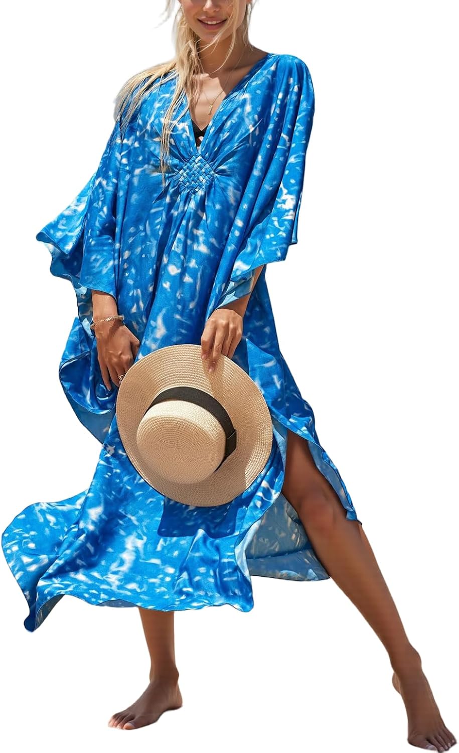 ELSCIRW Women's Caftan Dresses Plus Size Mumu with V-Neck Batwing Sleeves Lightweight Beach Cover Up and Loungewear