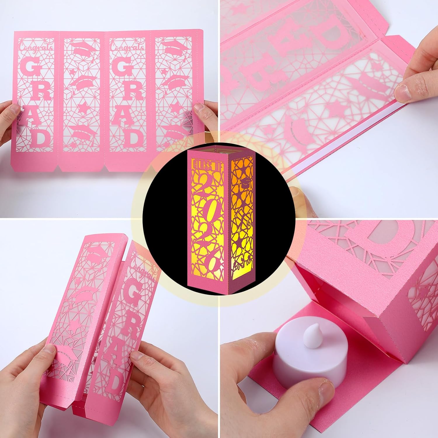 Rossesay 12 Pcs Graduation Table Centerpieces Boxes Class of 2026 Graduation Lanterns for Centerpieces with LED Candles Congrats Grad School College Photo Props for Party Table Decoration (Pink)