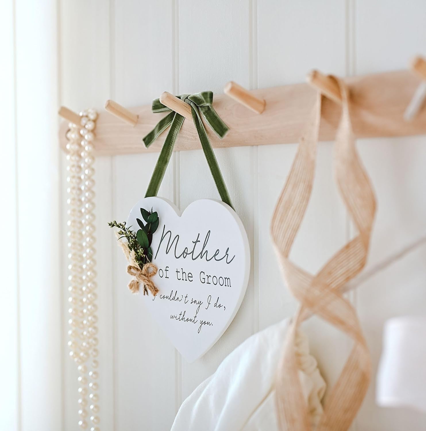 Widdop & Co. - Love Story - Mother Of The Groom Heart Hanging Wooden Plaque with Green Velvet Ribbon - Wedding Keepsake Gifting for Special Memories, Home Decor, Gifting, Presents & Best Friends.