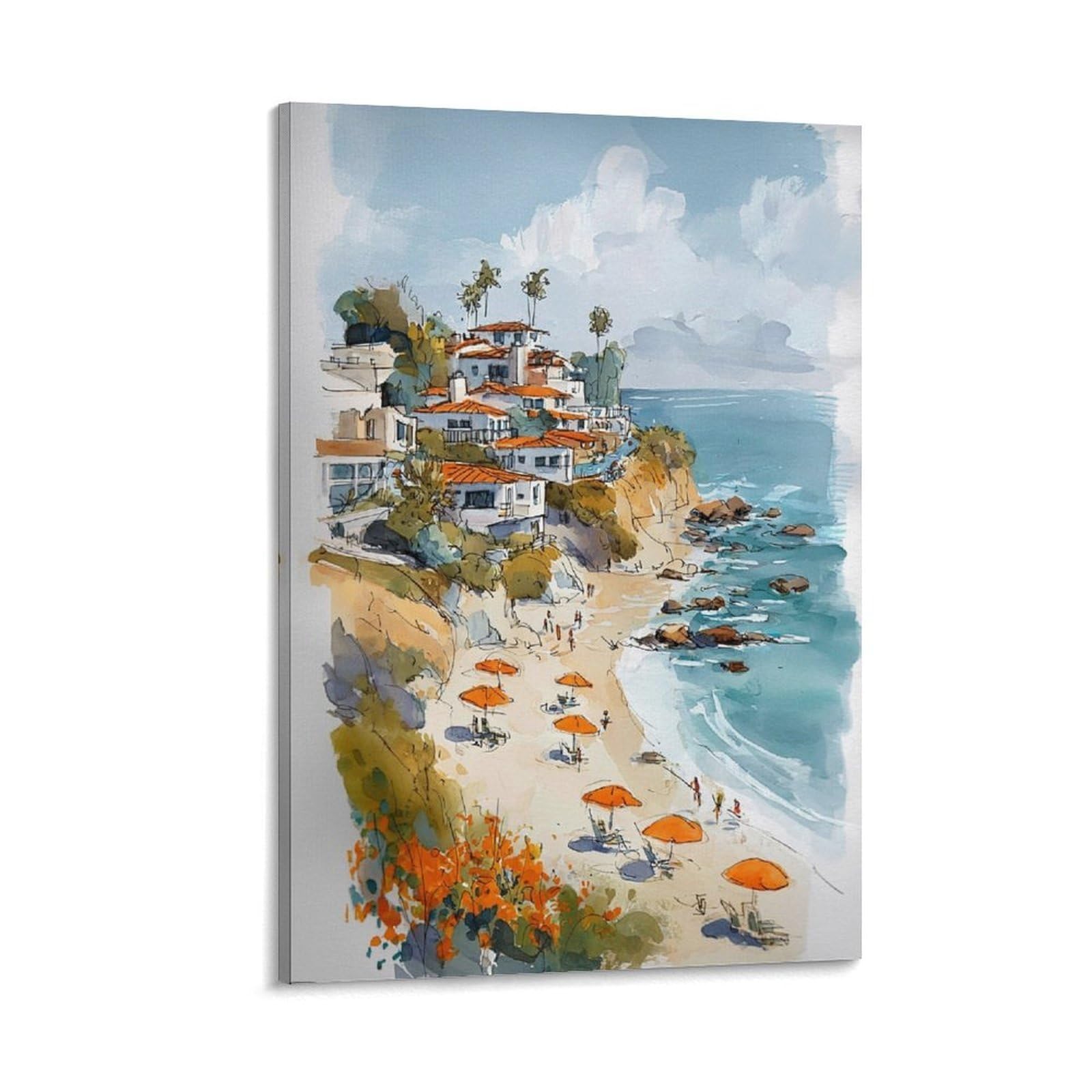 XWYMXZ Laguna Beach Watercolor Painting Poster Tree 20x30inch(50x75cm) Vintage Watercolor Canvas Art
