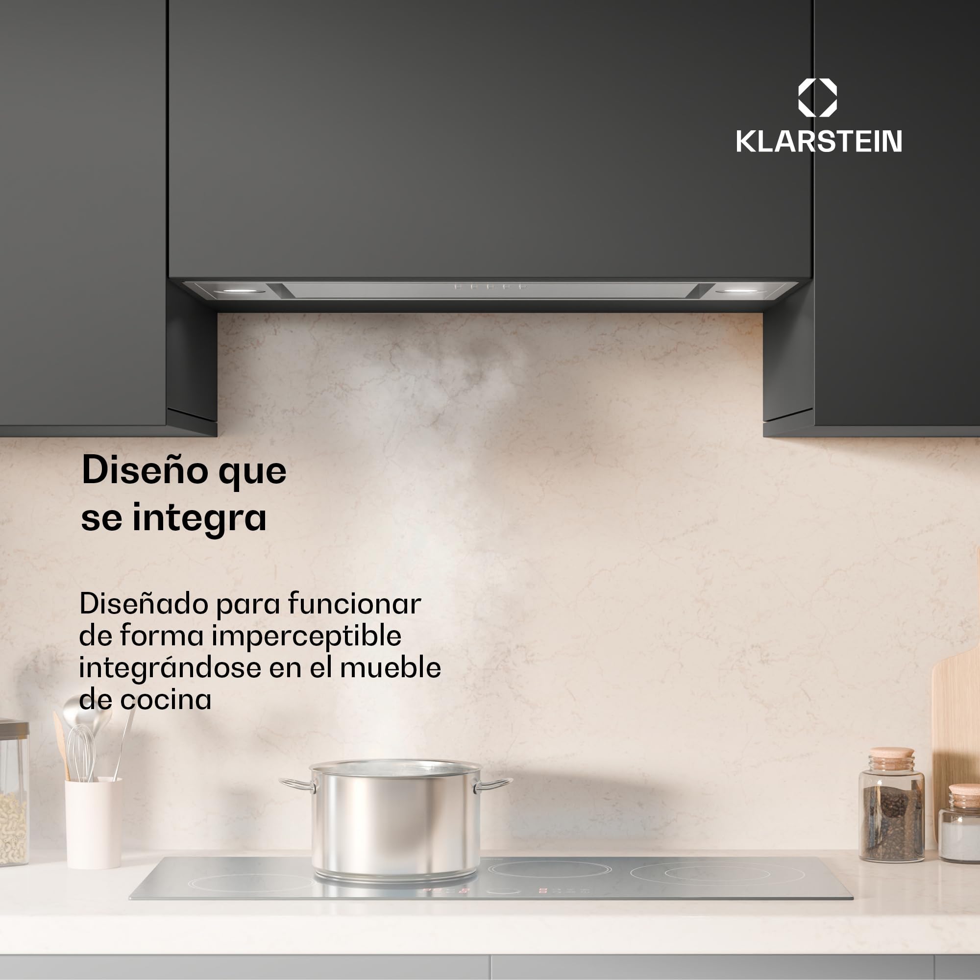 Klarstein TurboMax Campana Extractora, 75cm Campana Integrada con 382 m³/h, Eficiencia Energética A+, Motor CC Silencioso, Iluminación LED, Filtros de Carbón & Aluminio