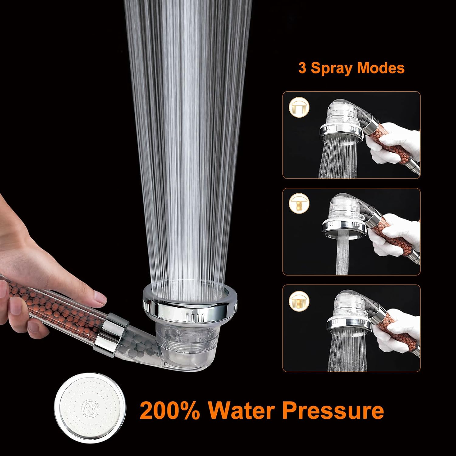 Ibergrif M22025 shower head demonstrating 3 spray modes and high pressure