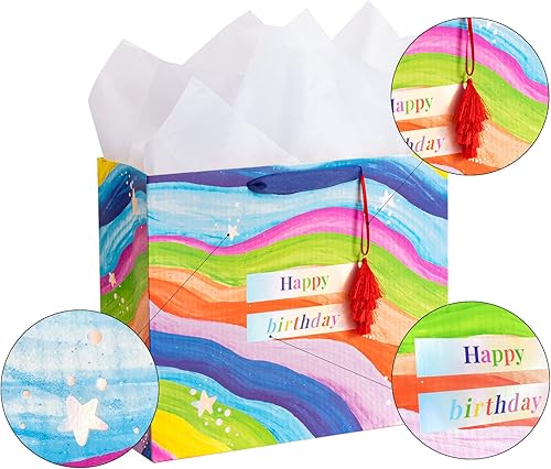 Miniatura 2 de MAYPLUSS Bolsa de regalo grande de 12.5" con papel de seda para cumpleaños - Rayas abstractas coloridas