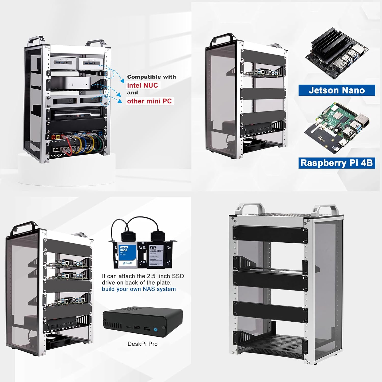 GeeekPi DeskPi RackMate T1 showing compatibility with Intel NUC, Jetson Nano, and Raspberry Pi 4B