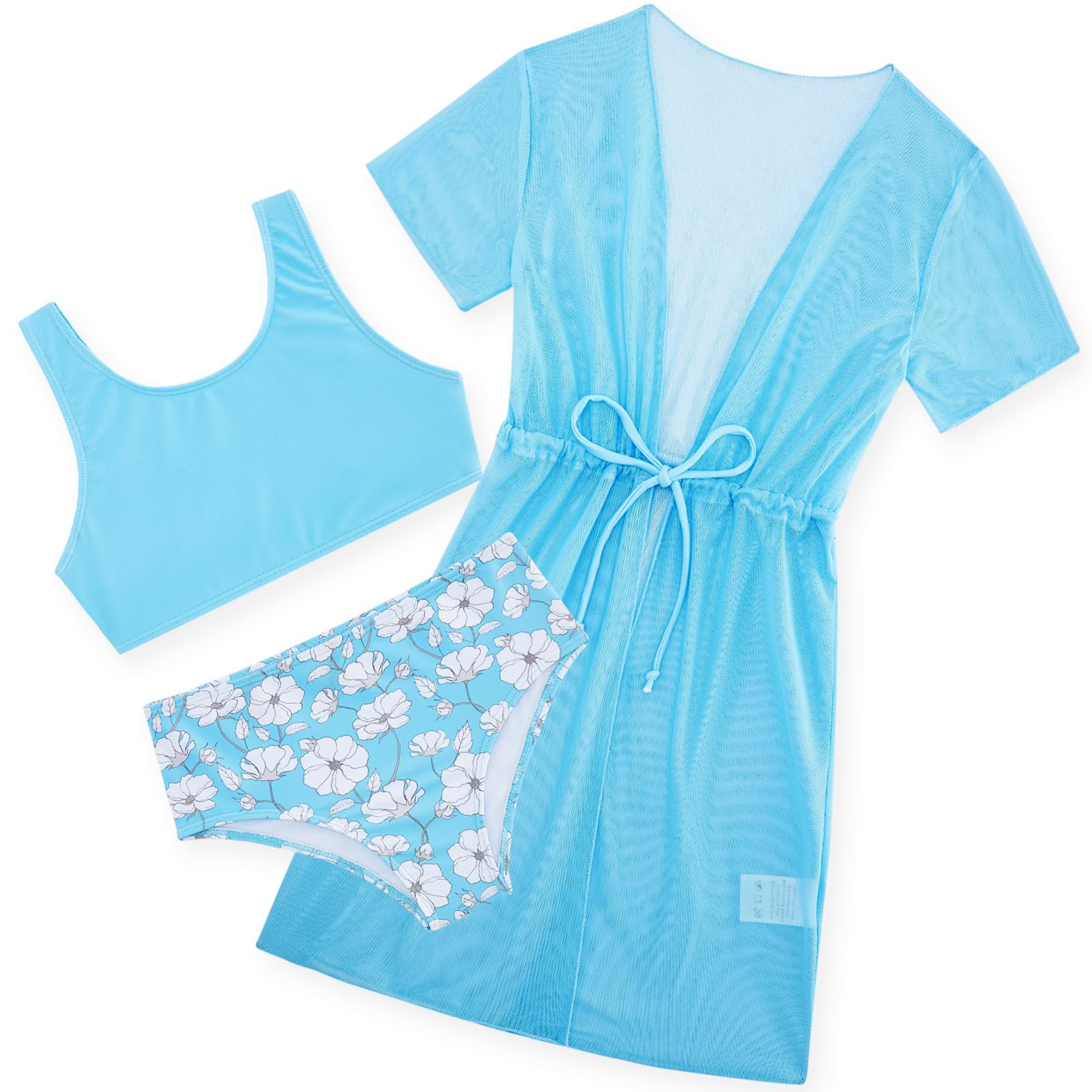 AIDEAONE 5-16T Girls Bathing Suit 3 Piece Swimsuit Drawstring Quick Dry Tankini with Cover Ups