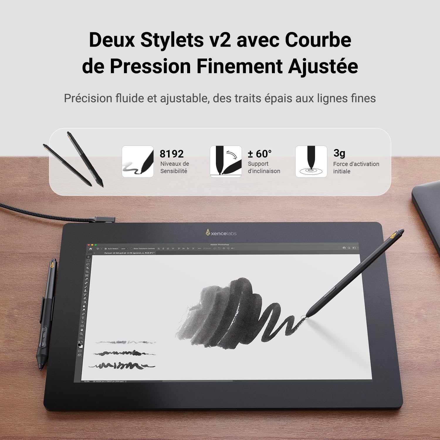 Xencelabs Pen Display 16 Lite Professionnelle 4K OLED Tablette Graphique Portable avec Écran 16 Pouces avec 2 Stylets v2 sans Pile