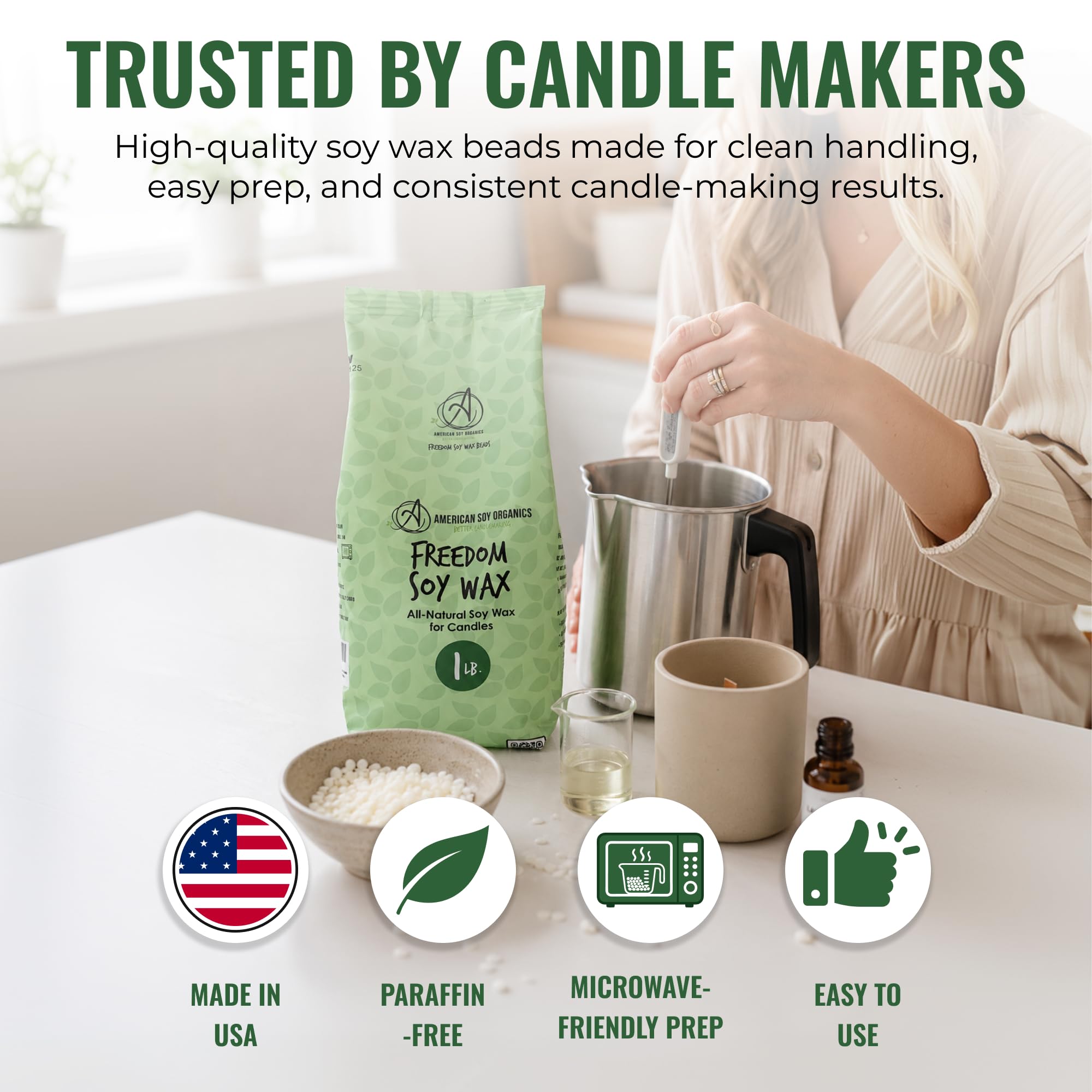 American Soy Organics - 0,5 kg di perle di cera di soia Freedom per realizzare candele - Perline di cera di soia utilizzabili nel microonde - Forniture per la produzione di candele di soia di alta