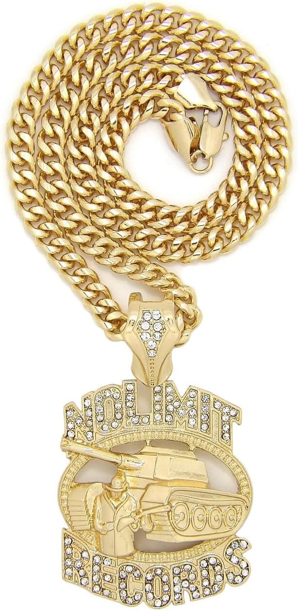 Hip Hop Rapper Style Jewelry Simulated Diamond Gold Silver Plated No Limit Record Tank Charm Pendant & 6mm 18" 20" 24" 30" 36" Cuban Chian Necklace Gift
