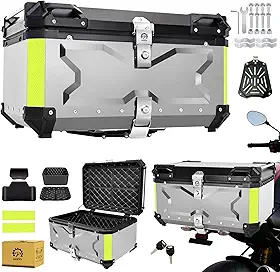 Bau para Moto de Alumínio - Baú Moto Bauleto 65 Litros Modelo Universal, Alto Volume Impermeável Comporta 2 capacetes, trava dupla para proteção contra roubo (Prata)