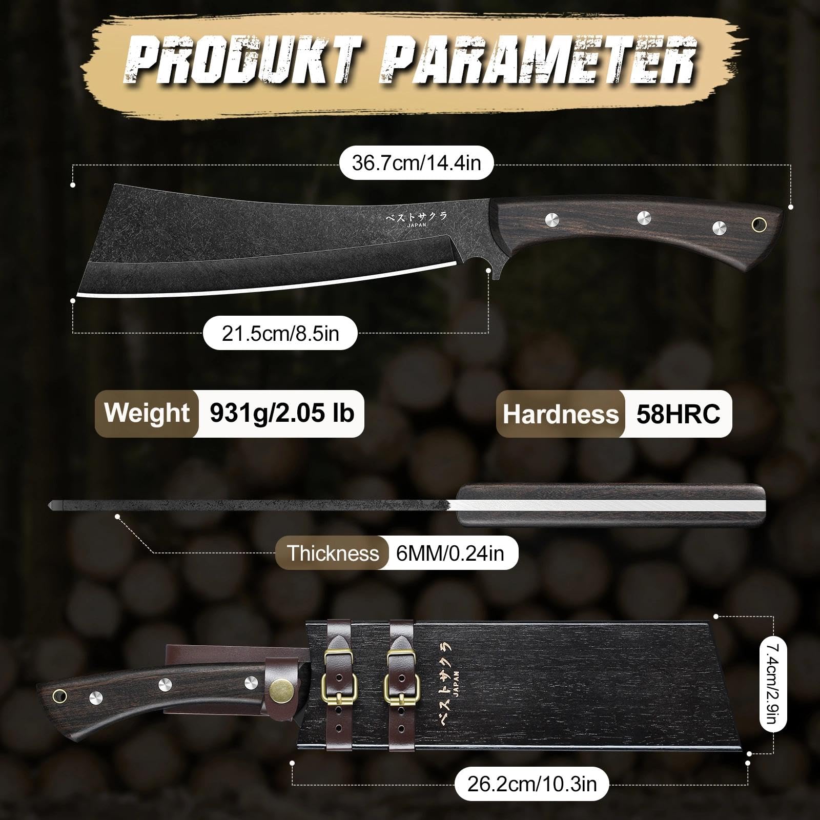 Freelander Machete Survival, Machete Scharf Echt mit Holzschwertscheide, Full Tang Großes Outdoor Messer mit 6mm Klingensteg, Outdoormesser Feststehende Klinge für Camping Gartenarbeit, Schwarz