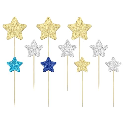 Miniatura 3 de Gyufise 42 piezas de adornos de estrellas para cupcakes, dorados, plateados, azules, con purpurina, tamaño mixto, estrella, decoración para bodas,