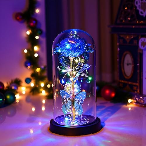 Miniatura 5 de LADADA Rosa de galaxia para regalo de flores artificiales coloridas con cadena de luz LED que dura para siempre, rosa en una cúpula de cristal,