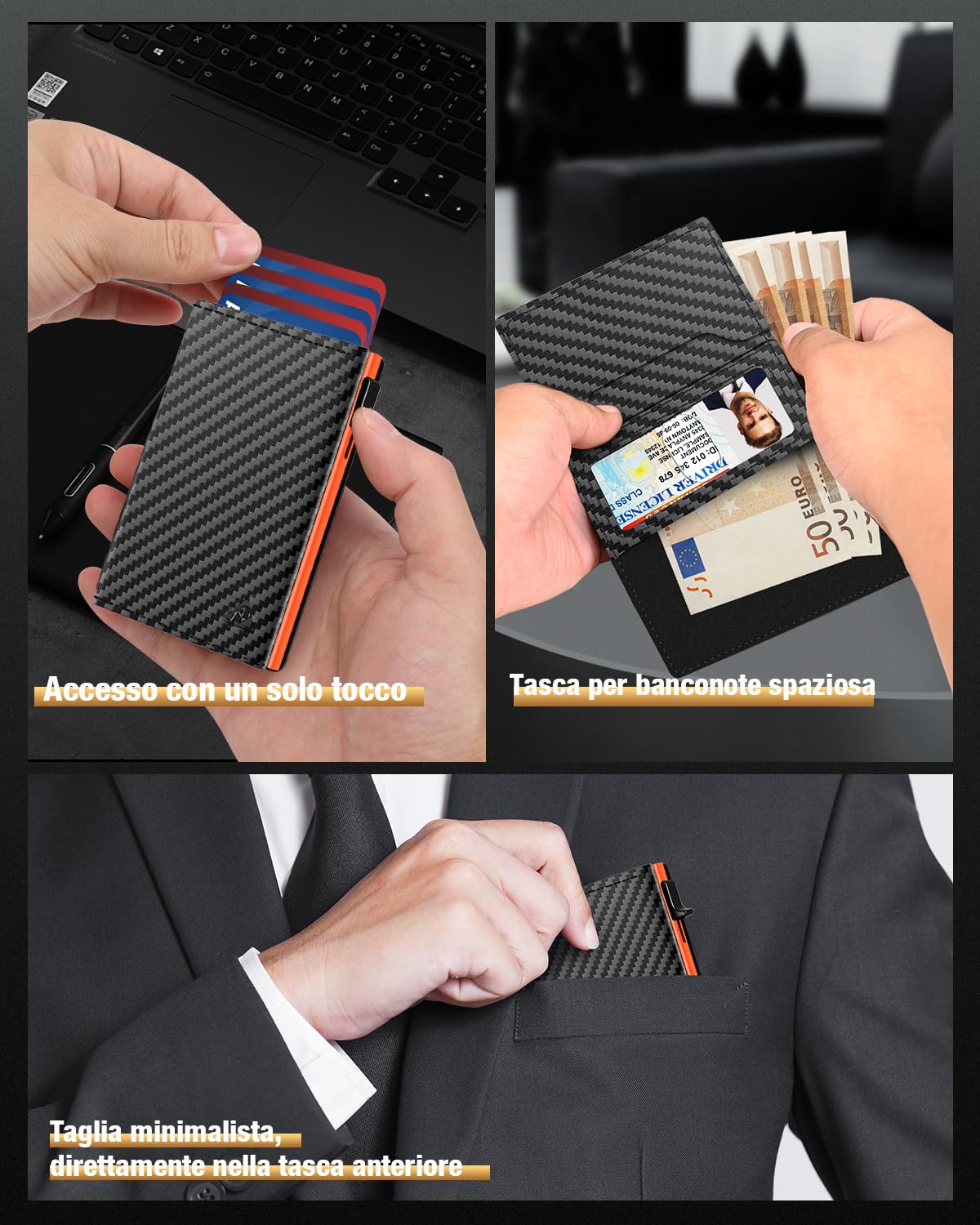 Porta Carte di Credito Uomo Piccolo, Portafoglio Uomo Slim con Chiusura Magnetica e Finestra ID, Portacarte in Pelle pop-up per 11 carte, Porta Tessere con Portamonete e Banconote, Nero e Arancione