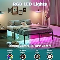 Vista 3 de Marco de cama individual de 14 pulgadas, marco de cama de metal con luces LED, plataforma de listones de acero básico resistente, enchufes y USB,