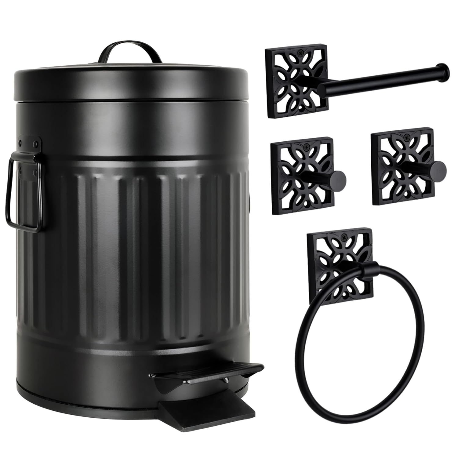 Autumn Alley Matte Black Farmhouse Bathroom Set – 5-Piece Hardware Kit with Towel Ring, TP Holder, Hooks & Metal Step Trash Can with Lid for Rustic, Modern Bathroom Décor