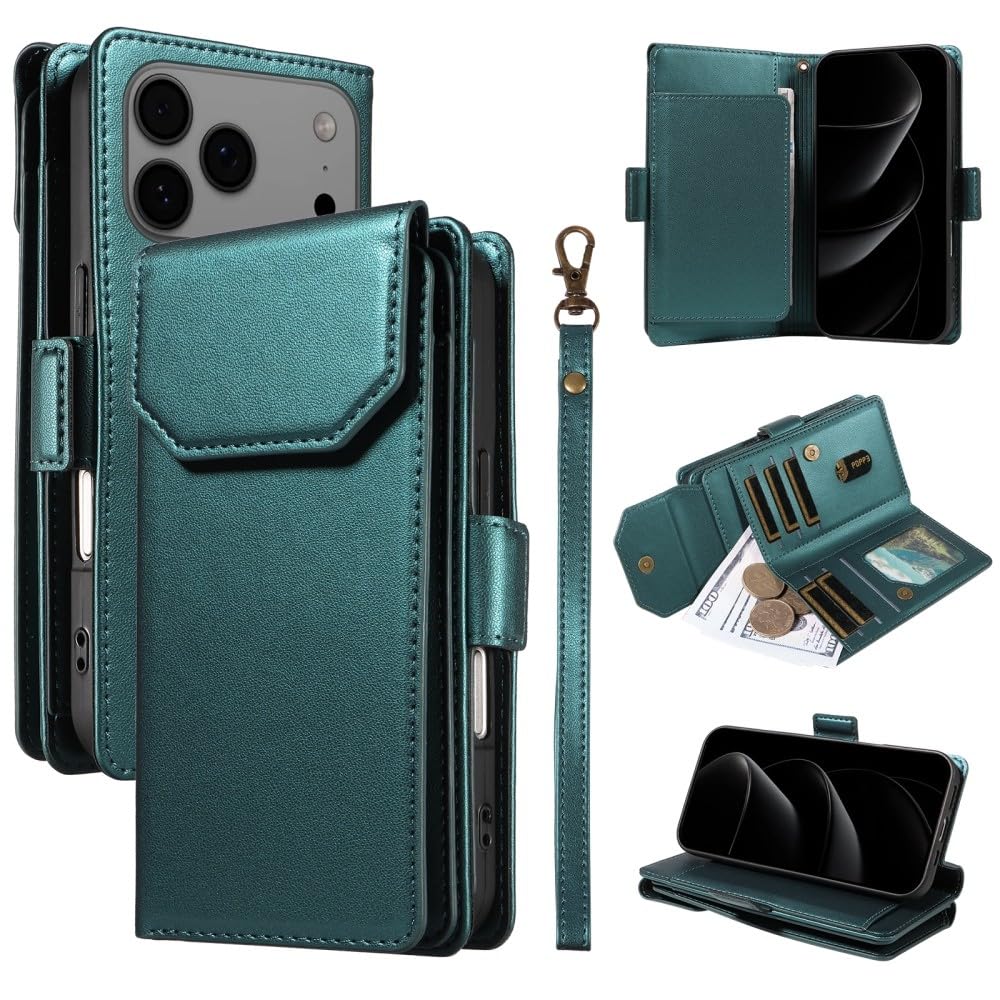Étui portefeuille iPhone 16 Pro vert housse clapet cuir antichoc - 7