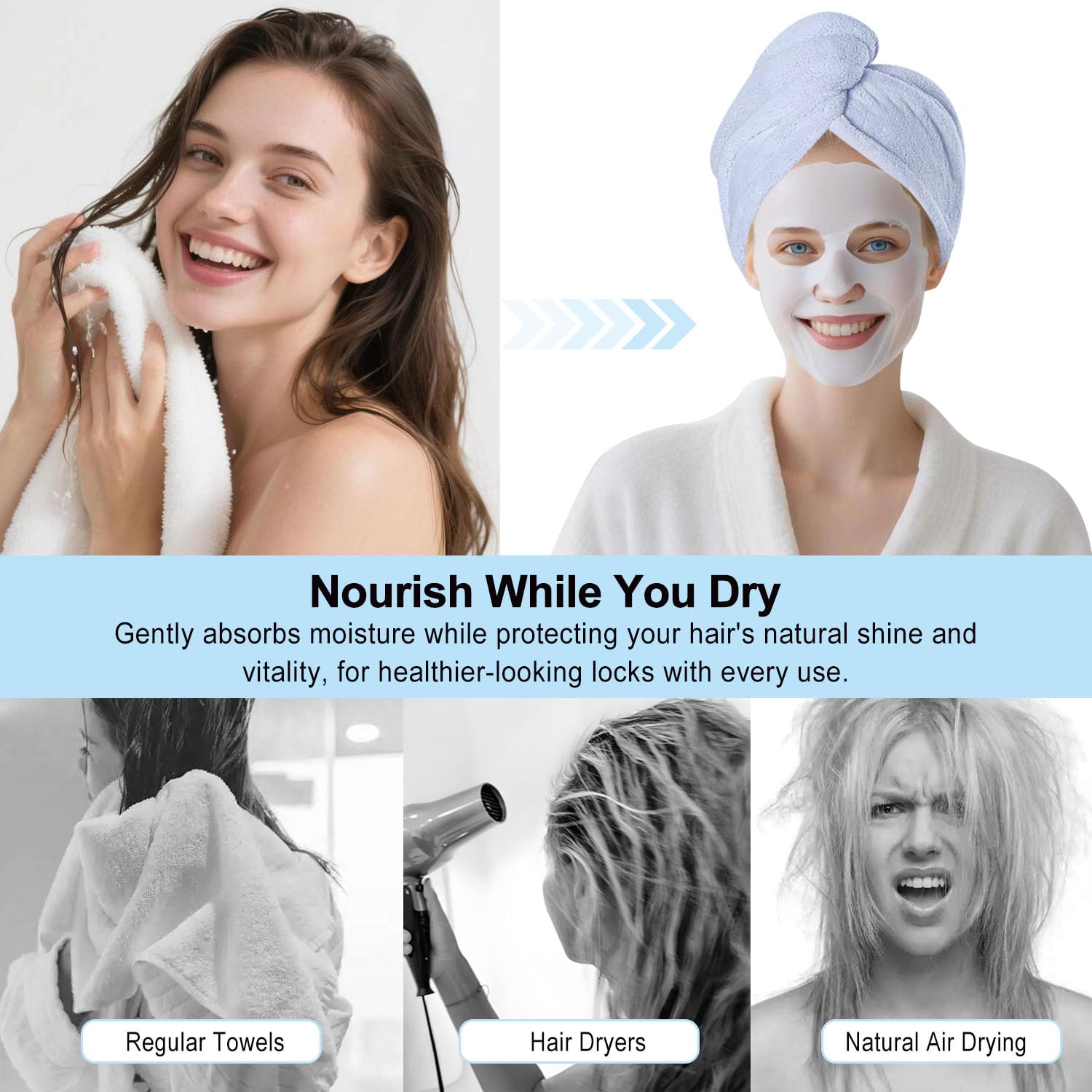 Mikrofaser-Handtuch, Haarturbane für nasses Haar, zum Trocknen von Haaren für Frauen, Blau, 2 Packungen