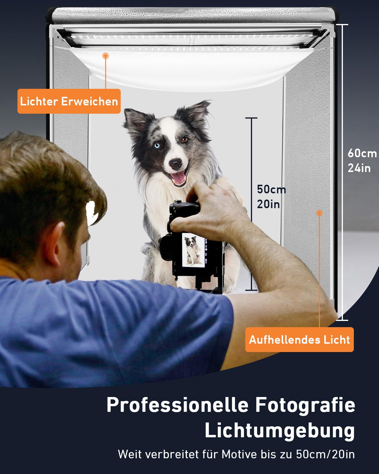 DUCLUS 60cm Fotobox Professionell | 24" Tragbare Photobox mit 50W 5600K LED (CRI≥96) & Dimmbarem Licht | 360° Verstellbare Lichtpaneele | 6 Matte PP-Hintergründe für Produktfotografie