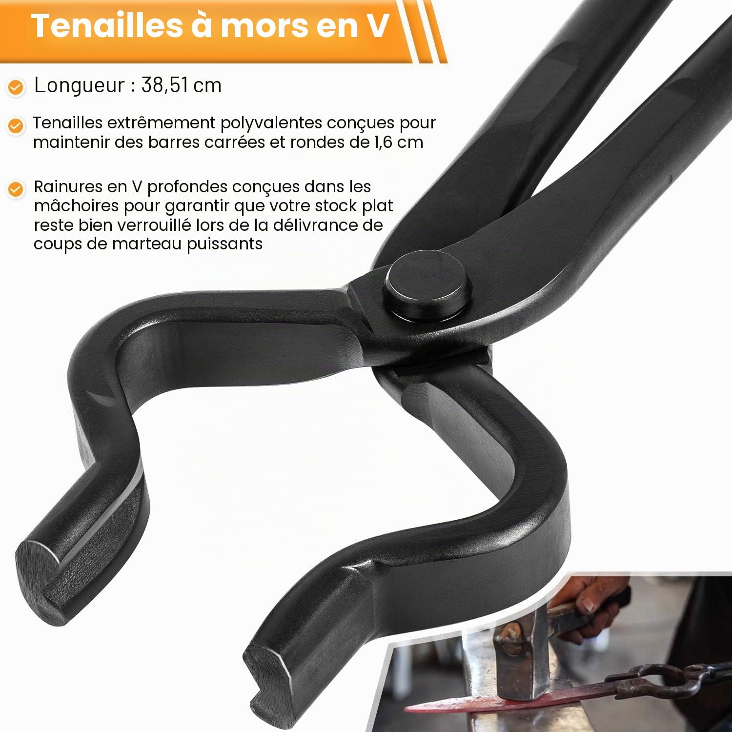Lot de 4 pinces forgeron Forge - Outil de forgeron - Kit d'outils de forgeron - Pince à enclume - Pince V-Bit - Pince à mâchoire plate