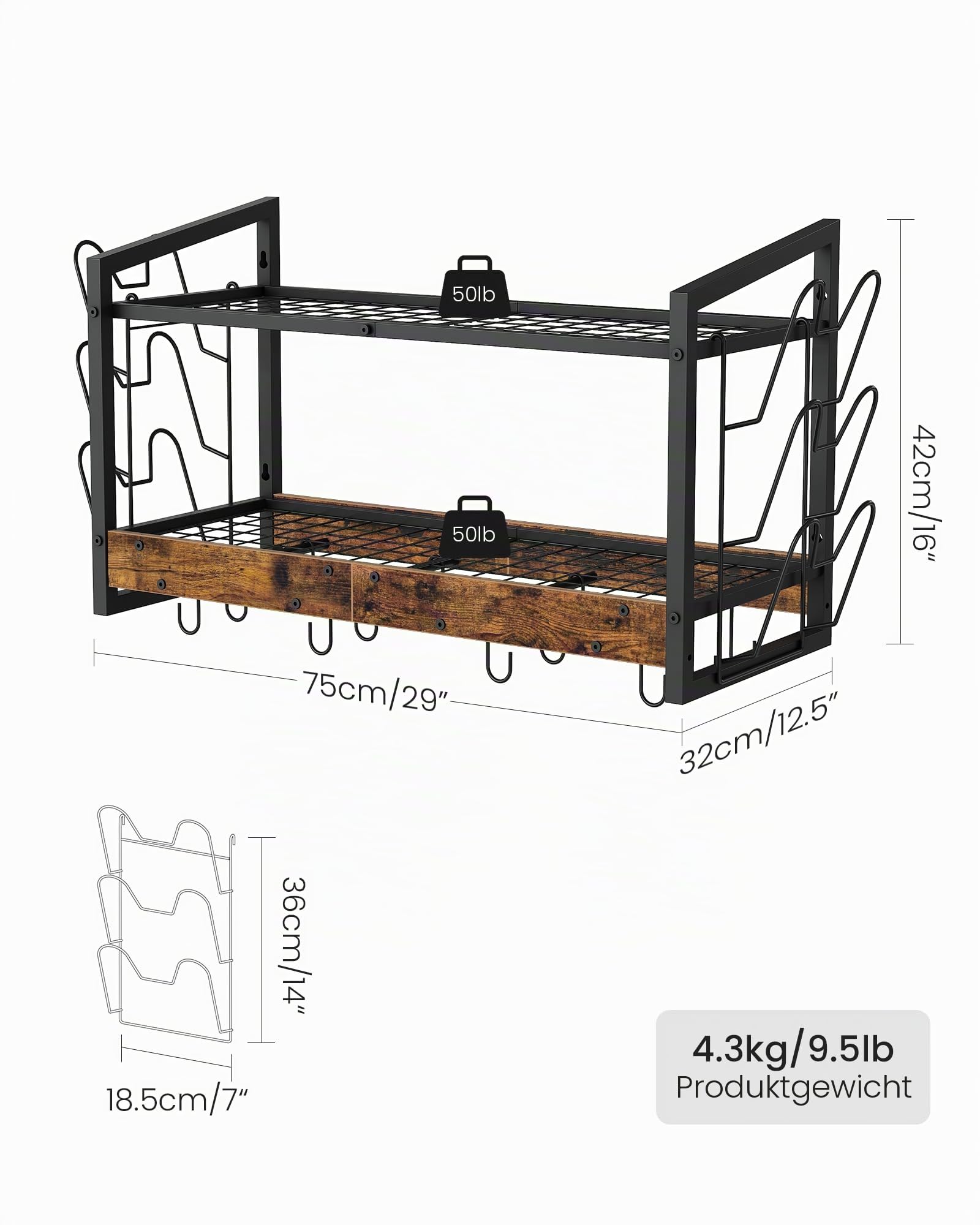 CHOEZON Wandmontiertes Küchenregal, 2-stöckiger Topfdeckelhalter, Topf-Rack, Pfannenhalter, Geschirr- und Küchenutensilienhalter, Küche Wandregal mit 12 Haken, Vintagebraun und Schwarz DTPR02BF