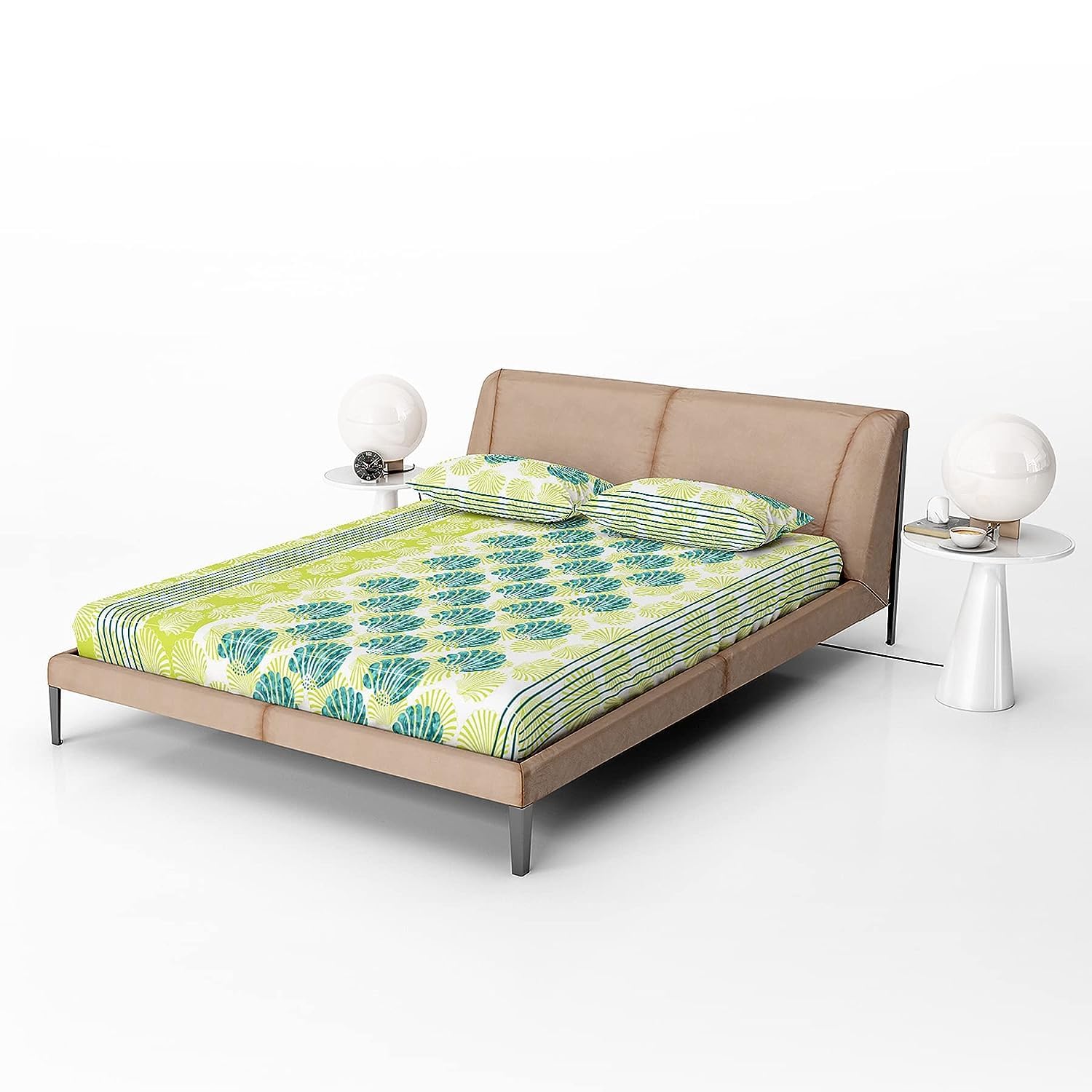 Divine Casa 120 TC Polycotton Elastic Fitted Bedsheets Double Size with 2 Pillow Covers | 59 x 78 inches | Green Onion