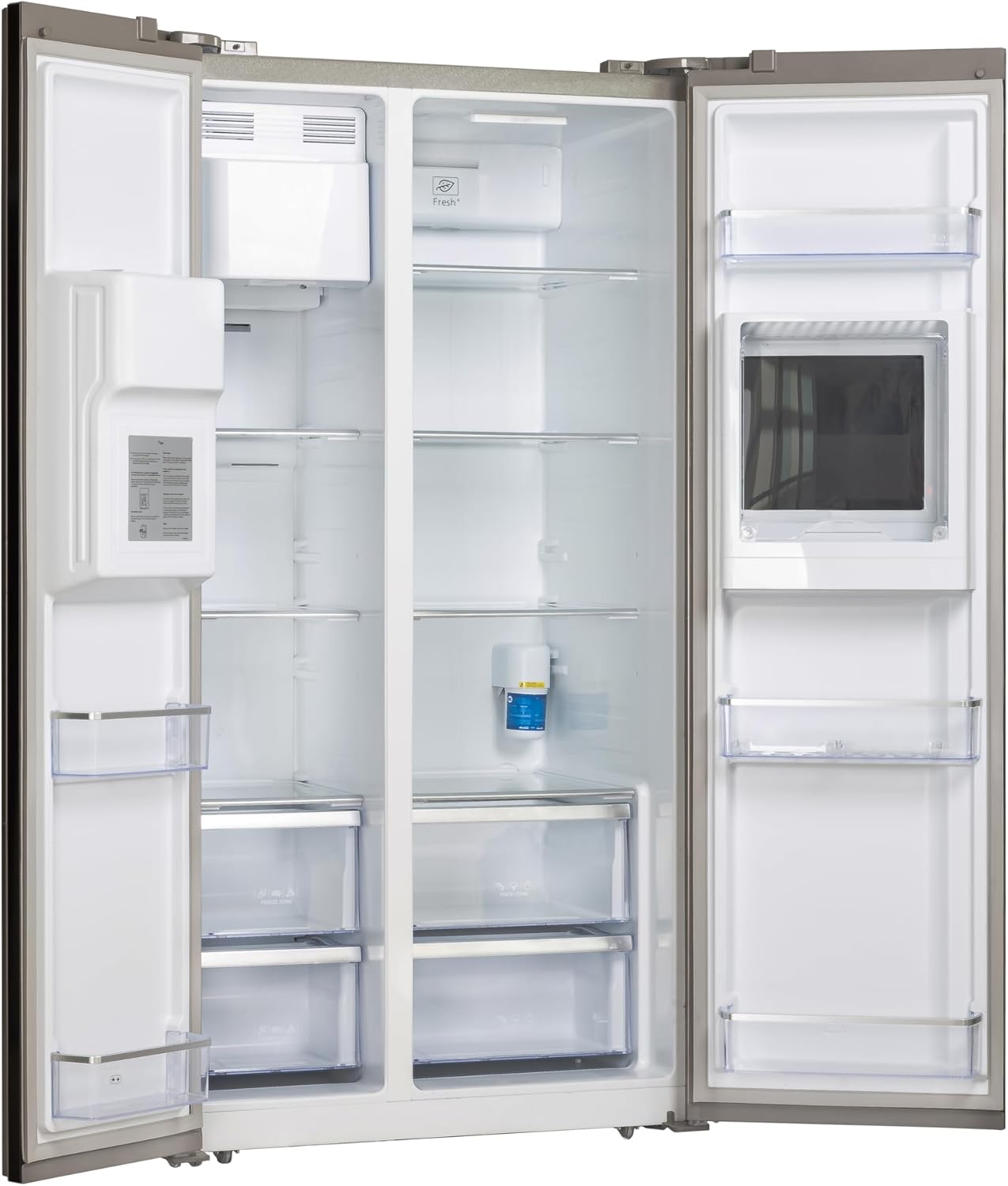 Interior view of the TCL Side by Side Refrigerator with doors open