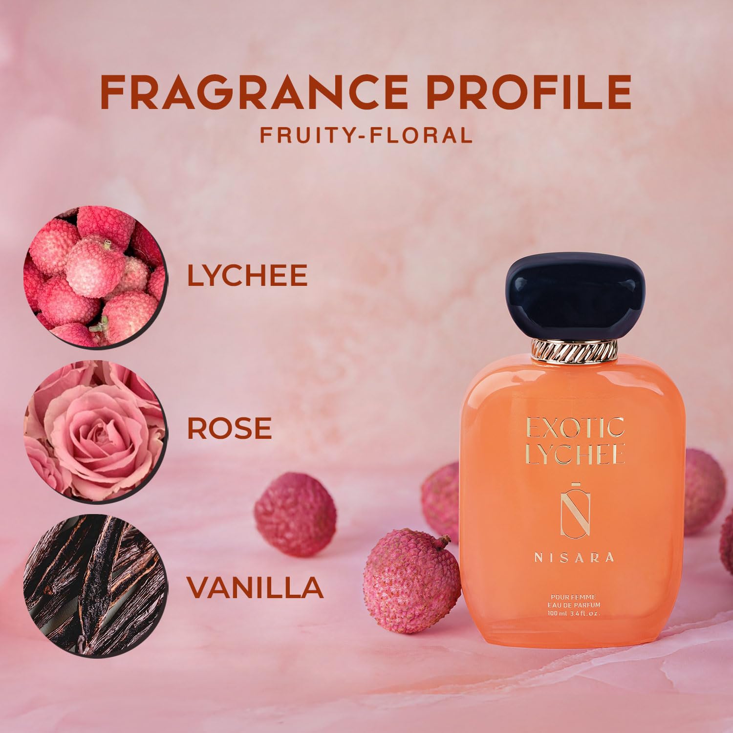Nisara Exotic Lychee Gourmet EDP Perfume for Women,100 ml| Premium Long Lasting Eau De Parfum | Fruity & Caramel Fragrance with Apple, Lychee, Caramel Notes for Her